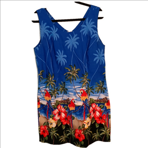Evergreen Island Hawaiian Midi Dress Sleeveless V-Neck Blue Bird‎ Pattern Size L